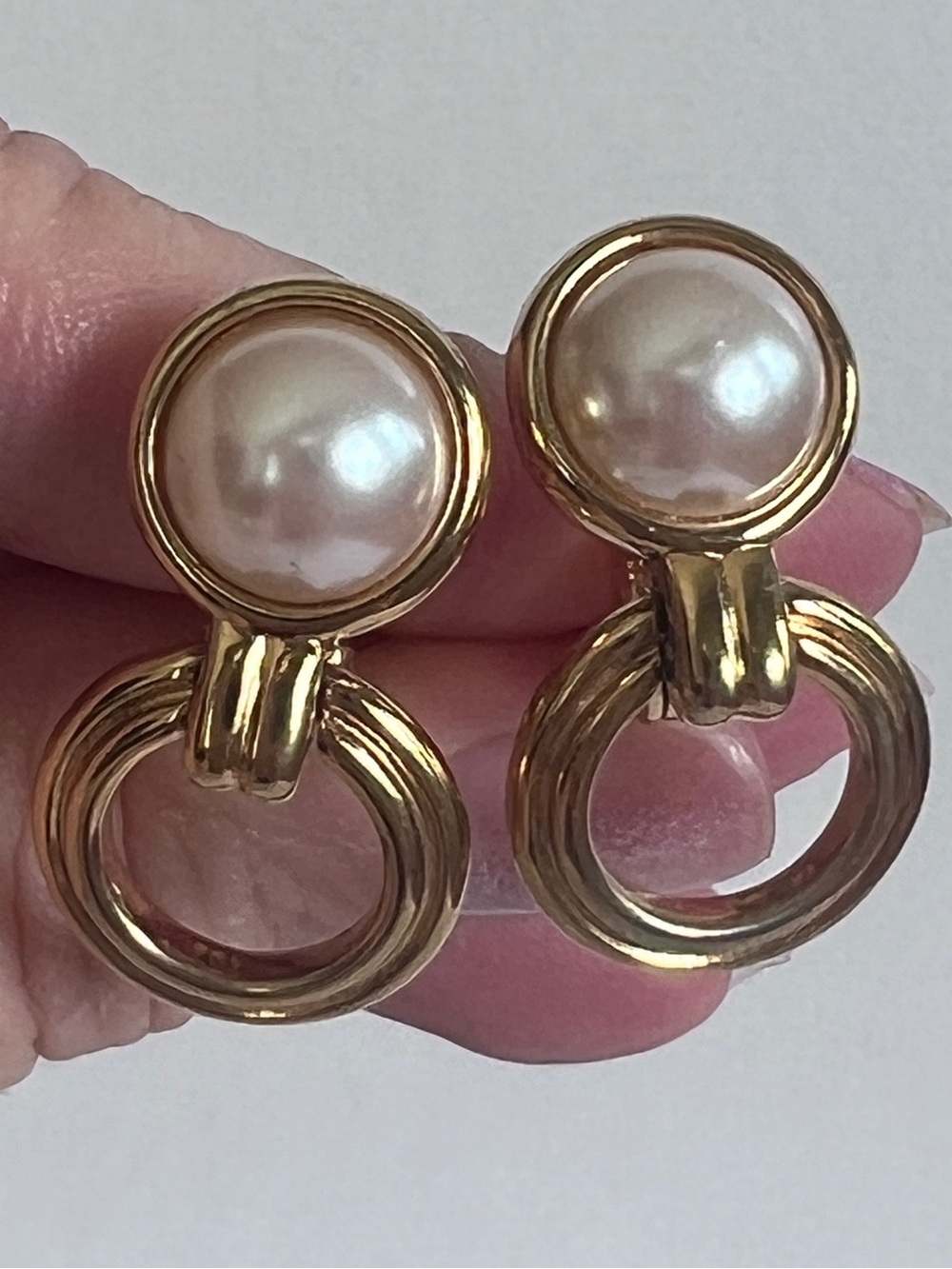 Signed MONET Vintage Clip-On Earrings Faux Pearl Drop Dangle Hoop Gold Tone